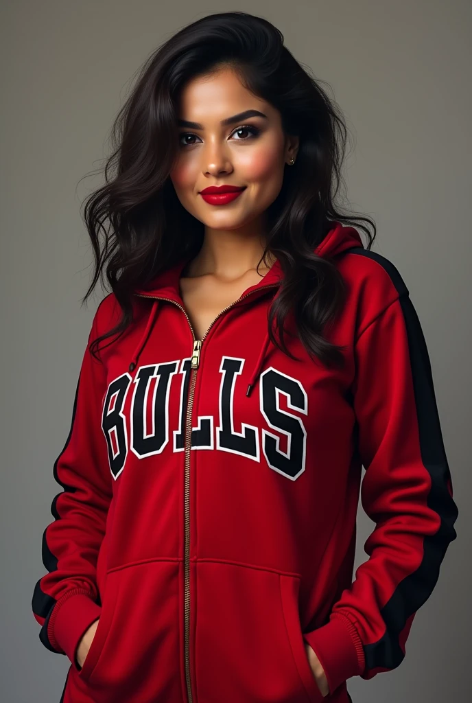 craft a hyper realistic full body length hourglass photo of north Indian beautiful face woman in her age 33, 38B cup breasts, Red Black round neck Sweater and Black jeans slim fit ]] [[Razor cut hair cut, full body pose, highly detailed, wearing Chicago Bulls Jordan hoodie jacket and tracks, cute smile, colorized, smooth, charming, pretty big sexy smile, red lipstick, soft lips, supple skin, attractive appearance,