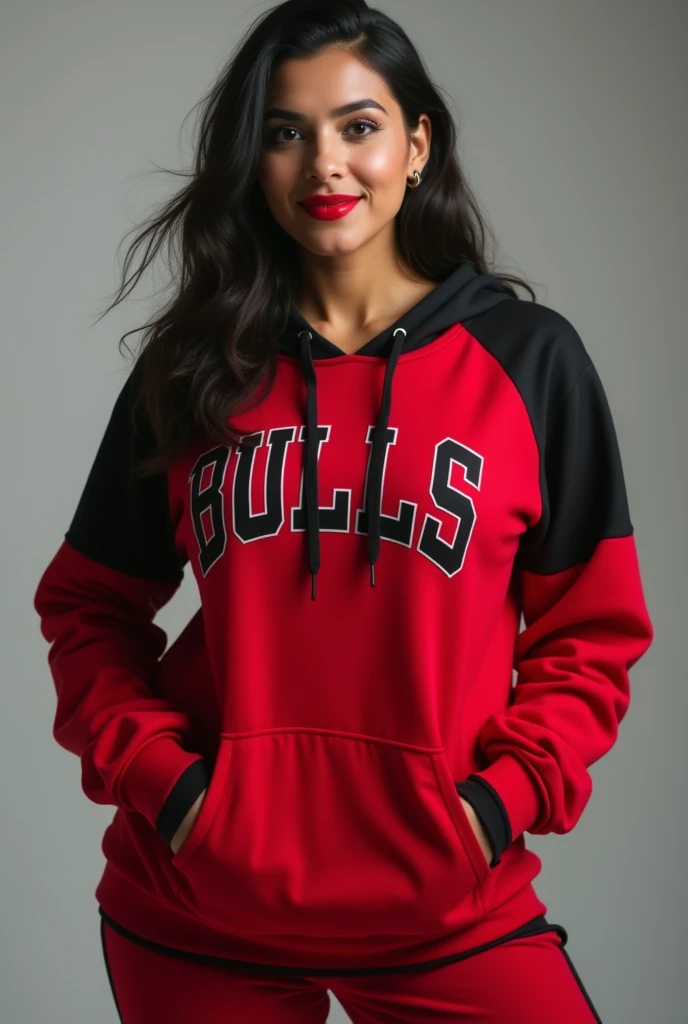 craft a hyper realistic full body length hourglass photo of north Indian beautiful face woman in her age 33, 38B cup breasts, Red Black round neck Sweater and Black jeans slim fit ]] [[Razor cut hair cut, full body pose, highly detailed, wearing Chicago Bulls Jordan hoodie jacket and tracks, cute smile, colorized, smooth, charming, pretty big sexy smile, red lipstick, soft lips, supple skin, attractive appearance,