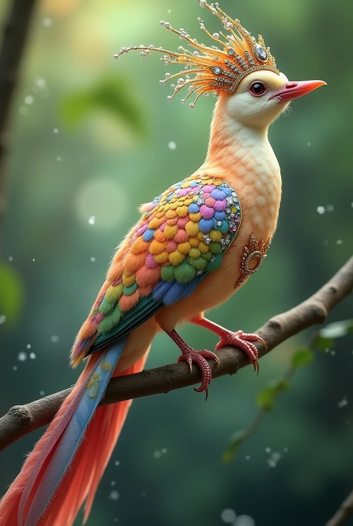 A very beautiful colourful 4K bird which is chirping and speaking, its feathers are studded with diamonds and pearls. On its head is a crown of gold, silver and diamonds and pearls, a long tail adorned with colorful spots, perched on a branch with a blurred green forest background, romantic