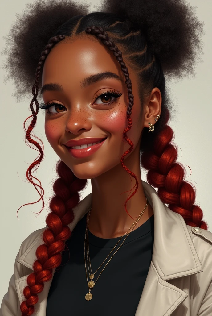 realistic portrait of a young dark skinned woman with long red afro braids, with freckles on her face and a friendly smile, with eyebrow piercing and black t-shirt with a white coat over it