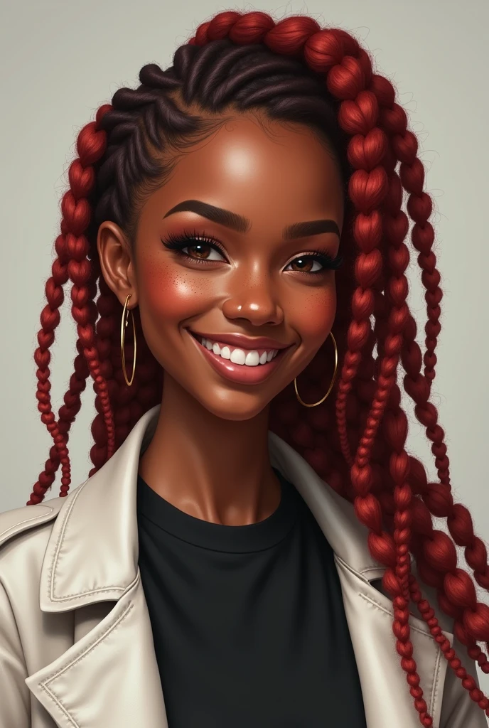 realistic portrait of a young dark skinned woman with long red afro braids, with freckles on her face and a friendly smile, with eyebrow piercing and black t-shirt with a white coat over it