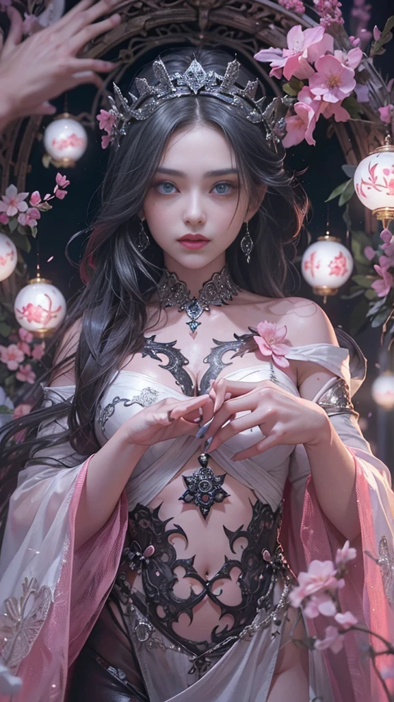 official art, unity 8k wallpaper, ultra detailed, beautiful and aesthetic, beautiful, masterpiece, best quality, Dark, atmospheric, mystery, romanticism, macabre, literature, art, fashion, Victorian, ornamental, intricate, ironwork, lace, brooding, emotional depth, supernatural, (ultra Detailed scene) , (masterpiece) , pretty girl , white thin robe , thick leg , shaped body , shaped face , Both_of_eyes_are_same , blue eyes , full body close up , putting hand like pray while standing , dark pink lips , shaped nose and ears , black straight hair , silver crown , wind blowing through the hair, thousand pink blossom twirling her like storm , ruined pray stone with rune and symble on it , has old rune as black tattoo on her neck to arm , mist under her feet , 100 mini light balls around her , (high detailed face), (ultra pretty face) , black eyebrow , long white robe , dark scene , dark fantasy art style , magic , magic ball in her hand , pink glowing aura around her , pinkish scene ,(ultra detailed face),(ultra detailed magic shape) , (ultra detailed blossom)
