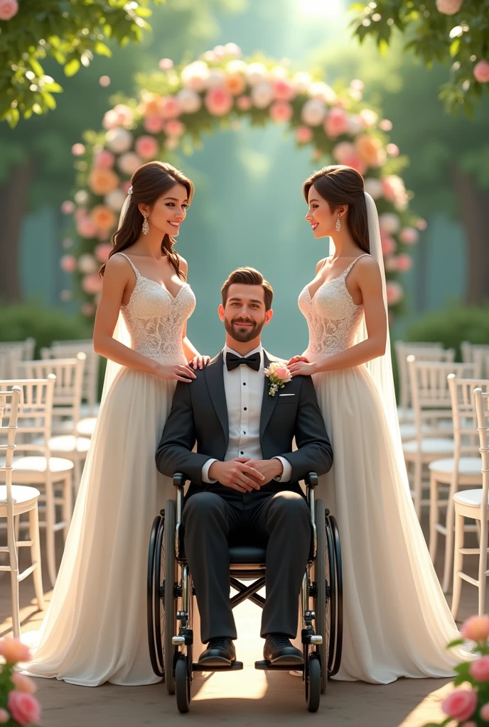 8 man on wheel chair marrying 2 beautiful girl, in marriage theme