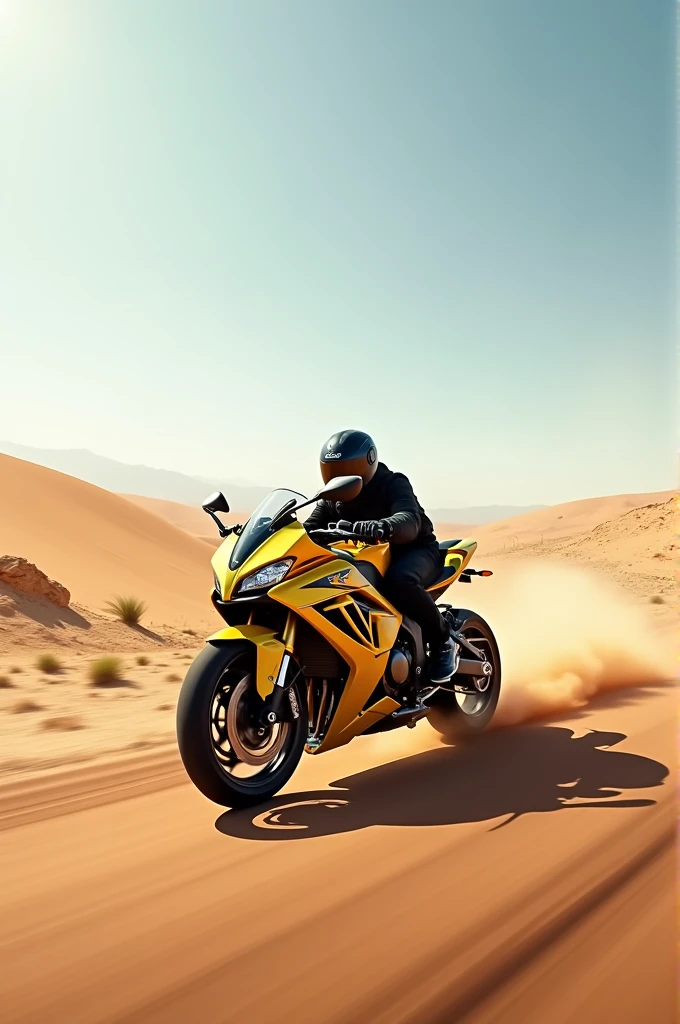 Yellow suzuki r 750x motorcycle on the road in the middle of a desert 