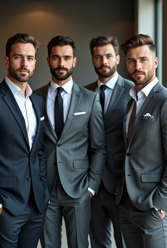 four attractive 30-year-old men in Hugo Boss suits , Nice beard , Executive Sexy Man, Suit then, Front camera focus, portrait mode, perfectly straight in front of the camera , Full body standing , hands in pockets, gray suit