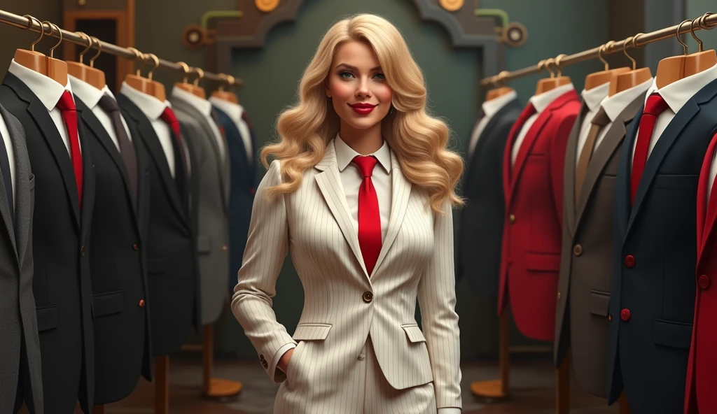 (photorealism:1.2)life like , a massive curvy blonde ponytail red lips wearing a perfect light pinstripe suit with a thick red tie large white collared shirt large breasts. Platform high heels , standing, highly detailed shots, most detailed, perfect face, Two legs, Five fingers, short hair, smile, huge breasts, Full body description, High resolution, highest quality, masterpiece, in a tailor shop trying her first suit and tie with her girlfriends