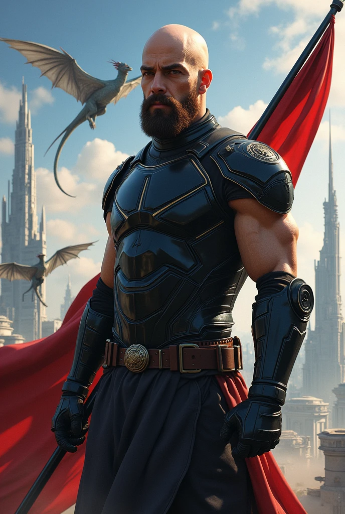 
Bald young man with a brown beard, black armor with a flag that says: Santiago Andrés, Legend! In the background a futuristic city with dragons