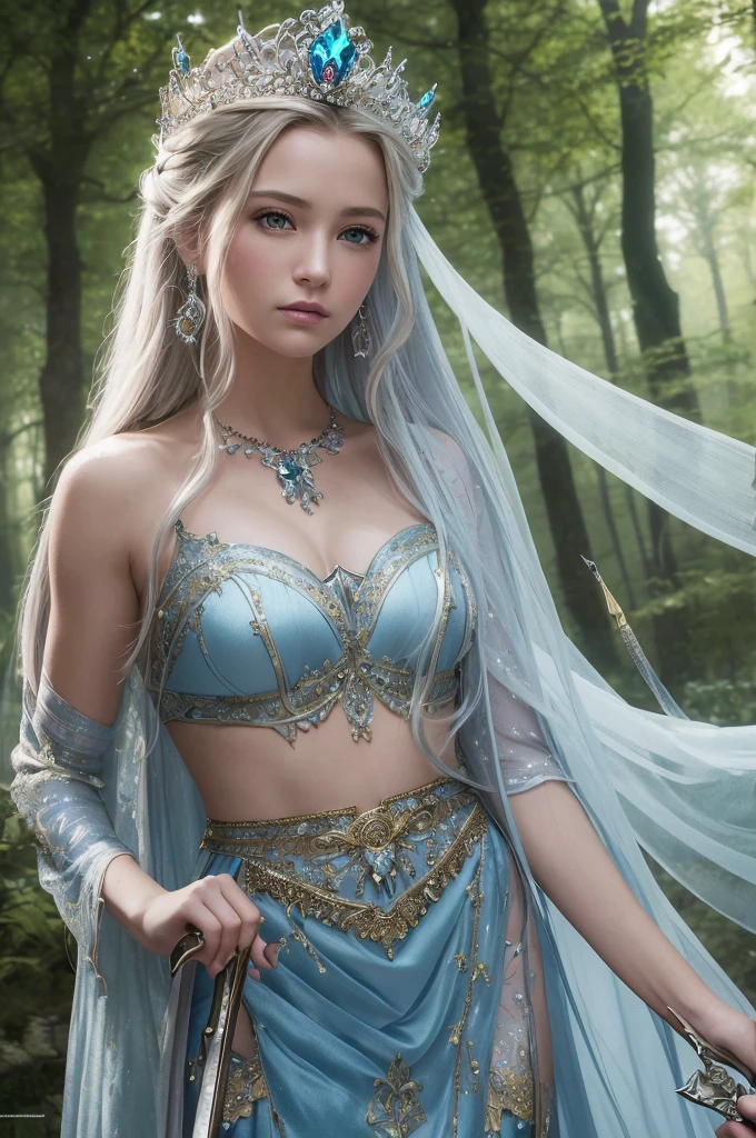 8k, RAW photo, best quality, masterpiece:1.2), (realistic, photo-realistic:1.4), (extremely detailed 8k wallpaper),Create a high-resolution fantasy illustration of a warrior princess in an enchanted forest. The princess wears intricate, shining silver armor with gold accents and a flowing royal blue cape. Her long, flowing hair is adorned with a delicate silver tiara, and she holds a glowing magical sword. The background features a mystical forest bathed in soft, ethereal light with sparkling fairy dust floating in the air. The princess's expression is determined and confident, with a sense of nobility and grace. Her eyes are fierce, yet there is a hint of gentleness, making her a captivating and strong character.