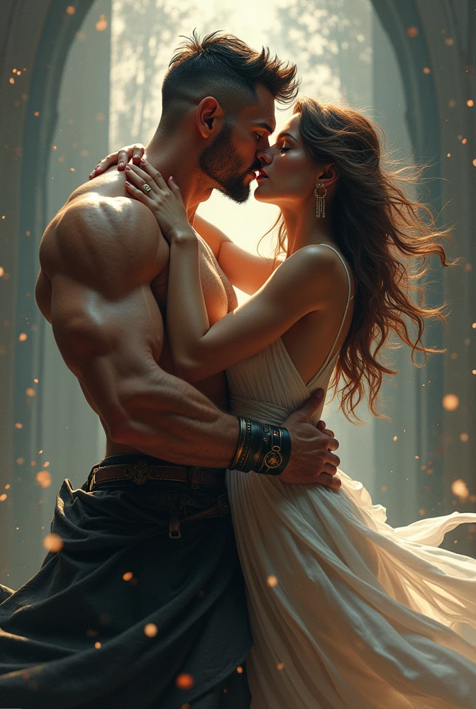 Male Red haired Jedi hugs a female blackhaired bounty hunter very tight, their lips intertwined and his hand on her cheek