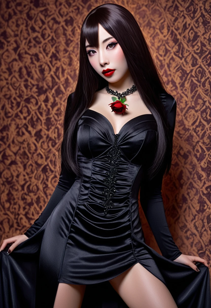 a cute Yuna in cosplay as Morticia Adams, beautiful detailed eyes, beautiful detailed lips, extremely detailed eyes and face, long eyelashes, slinky black dress, deep v down middle, deep thigh slits, sultry pose, holding a black rose, 8k, best quality, high resolution, masterpiece, ultra-detailed, realistic, photorealistic, HDR, studio lighting, extreme detail description, vivid colors, dark gothic, chiaroscuro lighting, moody atmosphere, dramatic lighting