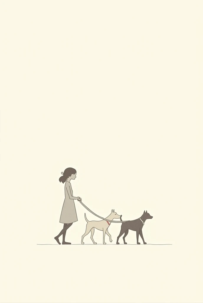 Generates the image of a girl walking 3 dogs with pure line
