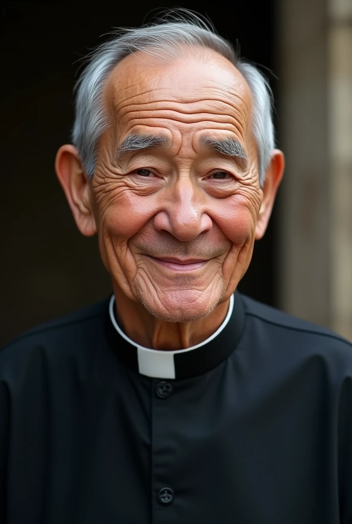 AGE: Around 70 to 80 years old.
face: oval, with a serene and kind expression. She has fair skin that shows signs of aging., like soft wrinkles around the eyes. His face reflects wisdom and compassion.
hair: Gray-haired and thin, with some bald spots visible on top. His hair is short and combed back., in an orderly manner.
eyes: Small and deep, with a calm gaze.
eyebrows: Gray and thin, slightly arched.
nose: Straight and medium sized, well proportioned with the rest of her face.
boca: Thin-lipped, with a kind and reassuring smile. The lips show some lines that indicate their experience and age..
voice: Facial expression should convey warmth and serenity.
outfit: He wears a black cassock, traditional of the priests, with a visible white collar. The cassock is simple and unadorned., reflecting his humility and dedication.
bottom: A neutral or slightly blurred background that suggests a church setting or a community-related scene, like a humble neighborhood, to contextualize their social work.