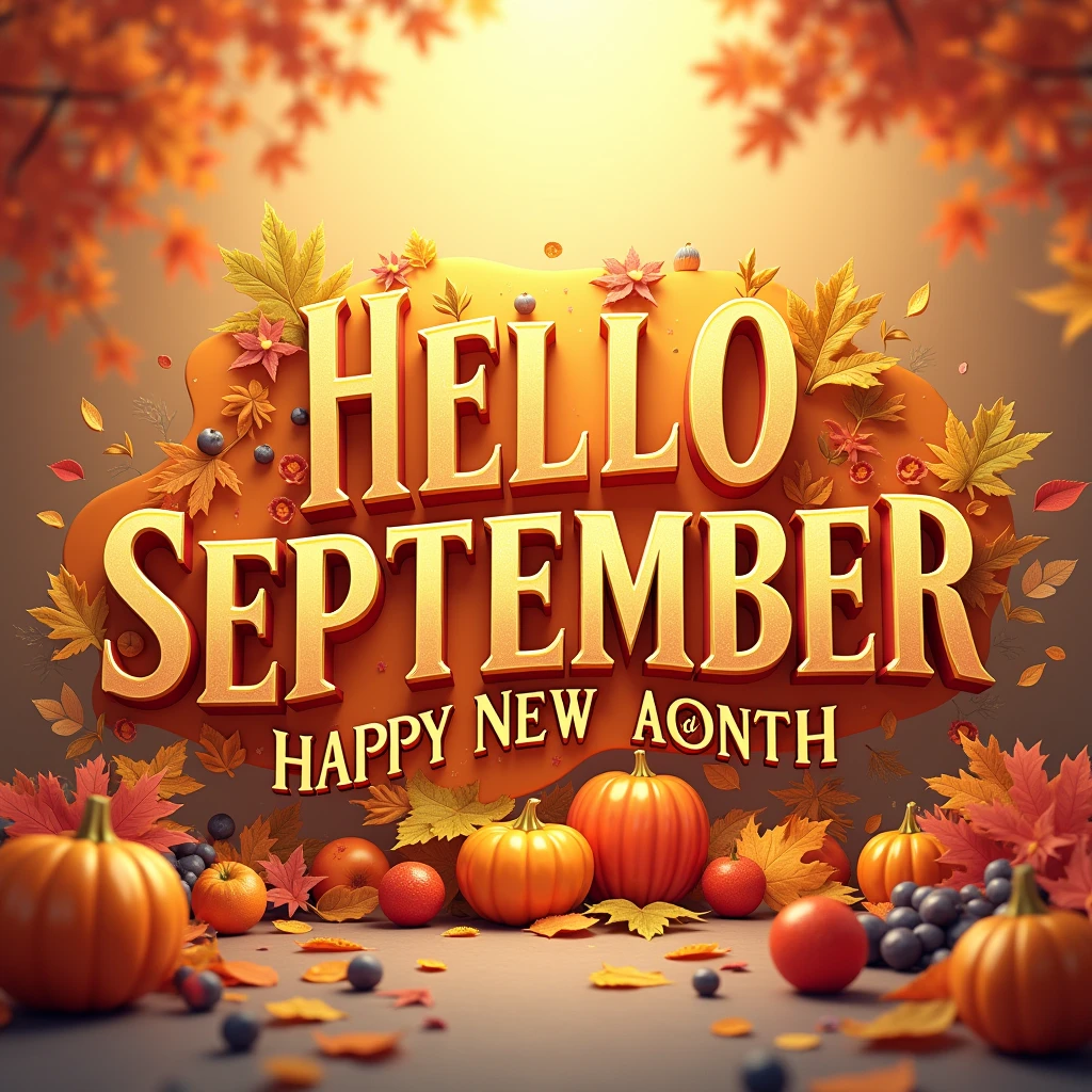 design of a happy New month, hyper realistic design, use use September color for both fonts and background, add relevant interesting images and icons, beautiful. write on it "hello September happy new month"