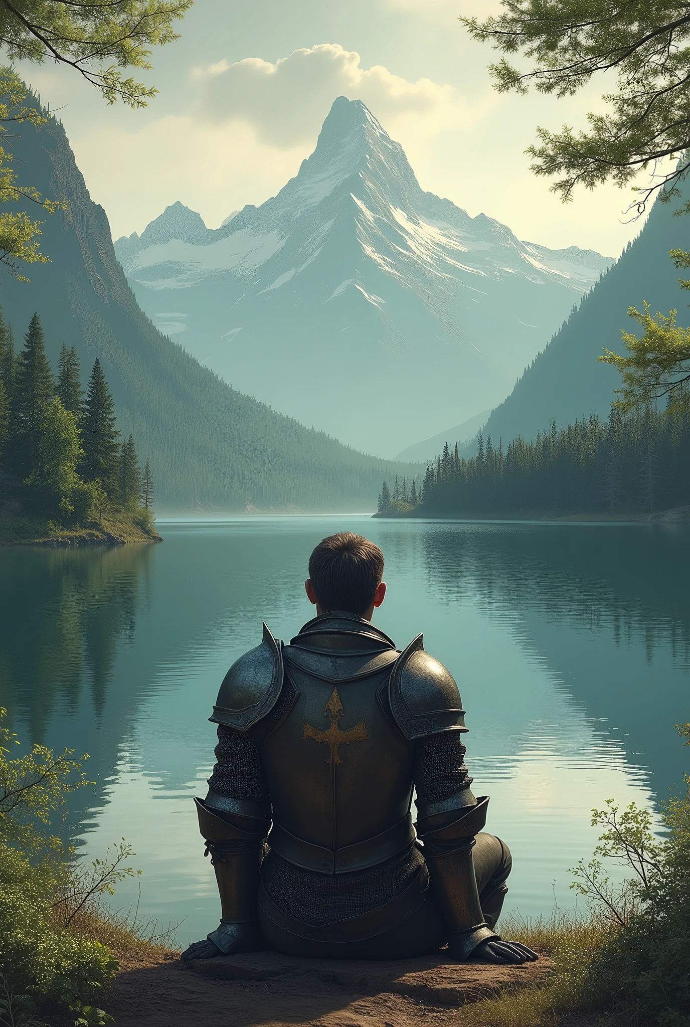 vintage, knight sitting in front of a lake seen from the back, mountain background, woods