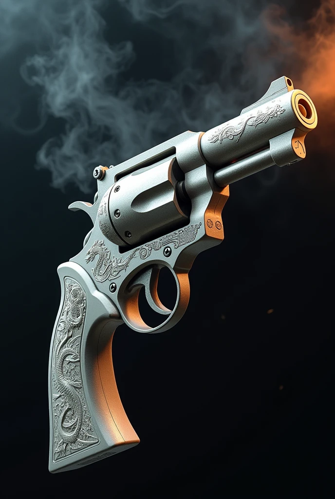 Magnum, Hand cannon, sophisticated, chic, As de espadas ♠️, missiles, couldre de couro, White steel, long barrel, dragon carvings, smoke coming out of the tip.