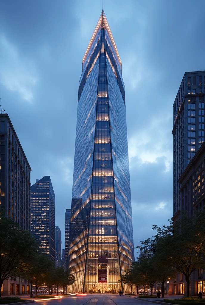 Make a 130 story skyscraper in NYC that has huge windows and that has long tiles that light up at night. Make it thinner and make the top into a pyramid like shape(only the top though). Make it more thinner and make sure the antenna at the top is a different shape and color. Make it in a corner and do NOT make it look like the Empire State Building. Give a unique shape that the top looks like a pyramid. Make it face Central Park and make it very thin. As taller it gets, make the floors smaller
