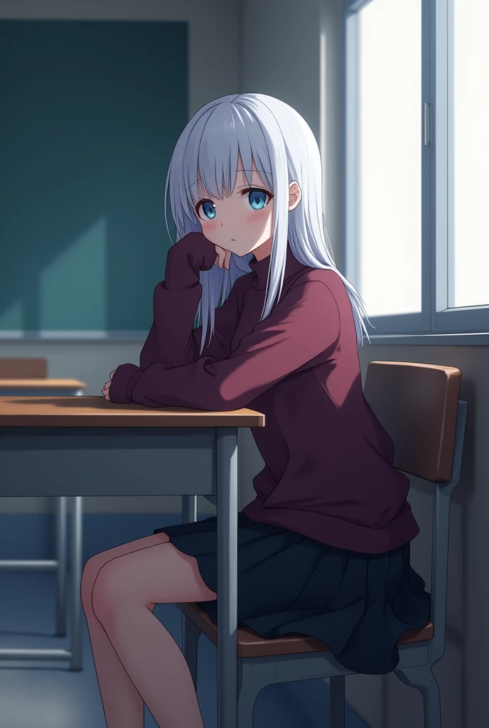 a teenage girl, light blue eyes,long white hair,burgundy sweater,black skirt,sitting alone at the desk in the corner of a classroom,looking to the side,anime/manga