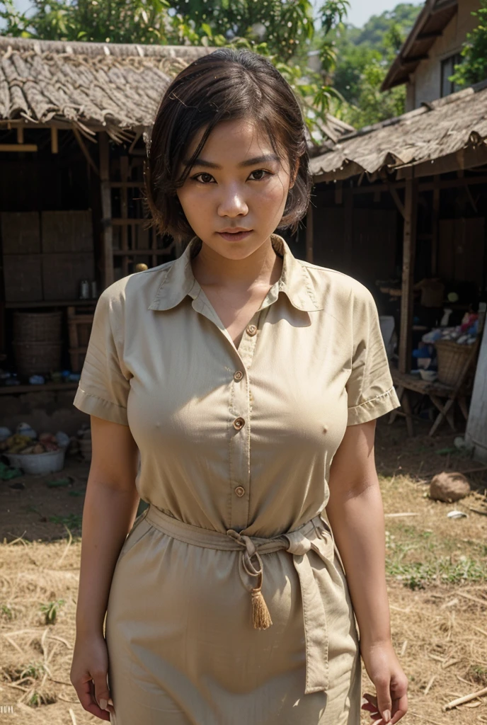 1girl, beautiful detailed female vietcong woman, young, vietnam, southeast asia, southeast asian face, voluptuous, curvaceous, short, thicc, thick thighs, natural, natural lashes, no makeup, glistening sweat, , cute face, tiny nose, small eyes, traditional clothing, shirt collar, buttoned clothes, arafed woman, vietnamese farmer, vietnam harvest, vietnam rural travel, vietnamese woman, traditional vietnam, rural vietnam, in bed, makeshift bed, fields, impoverished, disheveled, farmer, farming, messy thick luscious hair, tied short hair, short hair, traditional hairstyle, cute hairstyle, cute haircut, detailed face, penetrating eyes, beautiful detailed lips, extremely detailed skin, detailed clothing, colorful clothing, (best quality,4k,8k,highres,masterpiece:1.2),ultra-detailed,(realistic,photorealistic,photo-realistic:1.37), natural lighting, warm color tones, cinematic composition