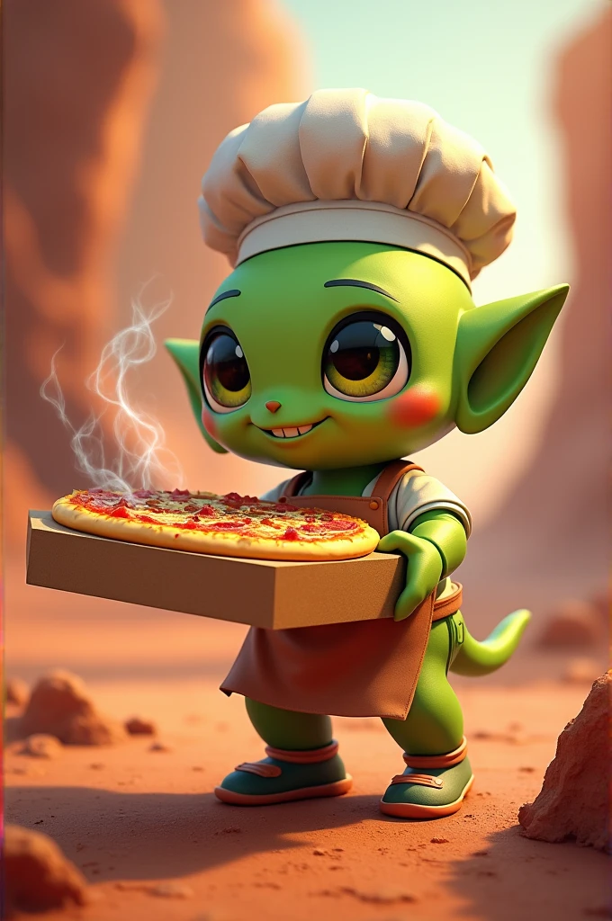 Cute green martian chef with pizza in box