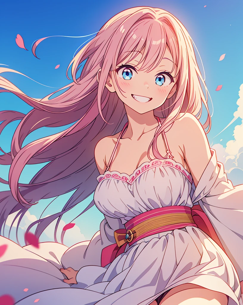 Highest quality, 32K, High resolution, masterpiece:1.5, A cute Japanese, Cute anime-style illustration, Rich emotional expression, An exceptionally beautiful face, , Perfect Human Anatomy, Big light blue eyes, Motherhood and generosity, Deep Love, Wake up, Expressing emotions, Have a rich imagination, Cute Japan, Perfect Human Anatomy, Magical big eyes, Motherhood and generosity, Deep Love, ((A mischievous smile:1.6)), Shiny pink gold hair, Super long straight silk hair swaying in the wind, Asymmetrical bangs, Hair between the eyes, Transparent, soft white skin, Sharp eyebrows, Thin lashes, Natural Makeup, Cheek highlighter, Detailed and cute lips, (Pink high quality bikini:1.1), Slim figure with ample breasts, Beautifully detailed skies, ((Vibrant petal effect:1.2)), mysterious