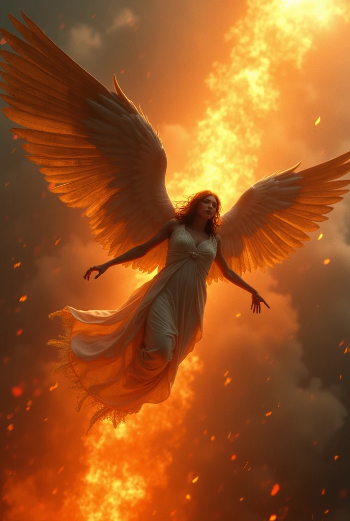 a fallen angel descending in flames to earth, ultra realistic, 8k, with a tear in its eyes, brilliant flames, highly detailed, dramatic lighting, chiaroscuro, cinematic, epic scale, dramatic shadows, intense colors, glowing embers, dramatic expression, detailed feathers, intricate details, photorealistic, volumetric lighting, god rays, dynamic pose, cinematic angle, award winning, masterpiece