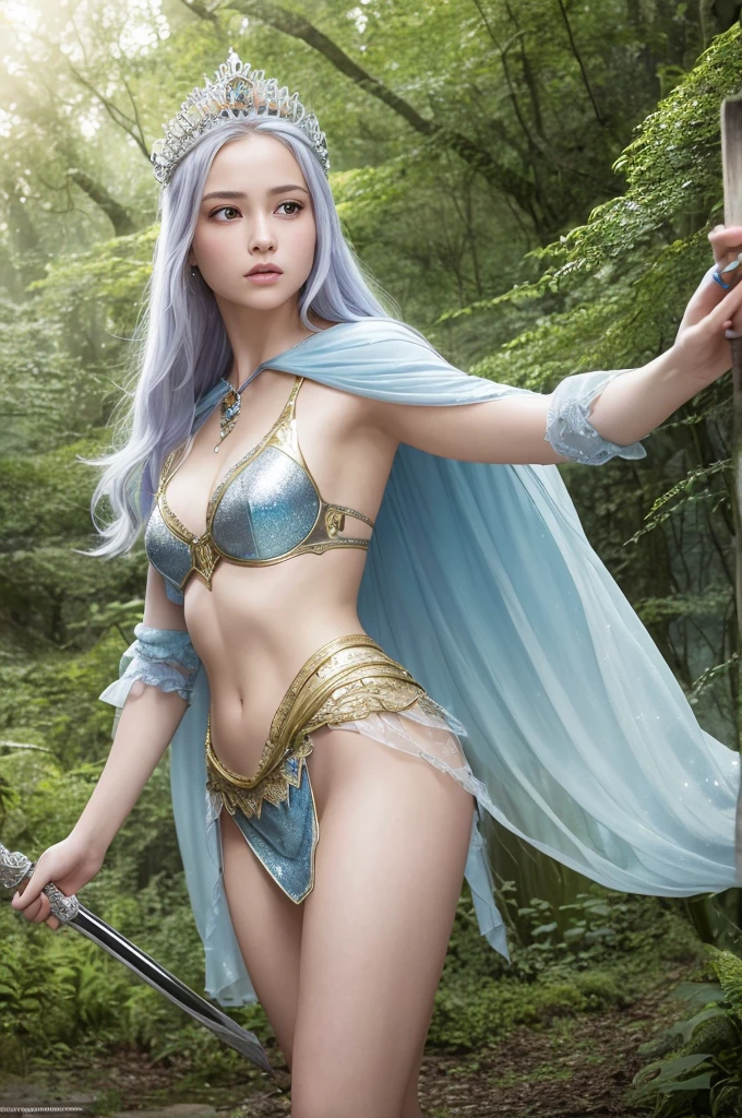 8k, RAW photo, best quality, masterpiece:1.2), (realistic, photo-realistic:1.4), (extremely detailed 8k wallpaper),Create a high-resolution fantasy illustration of a warrior princess in an enchanted forest. The princess wears intricate, shining silver armor with gold accents and a flowing royal blue cape. Her long, flowing hair is adorned with a delicate silver tiara, and she holds a glowing magical sword. The background features a mystical forest bathed in soft, ethereal light with sparkling fairy dust floating in the air. The princess's expression is determined and confident, with a sense of nobility and grace. Her eyes are fierce, yet there is a hint of gentleness, making her a captivating and strong character.
