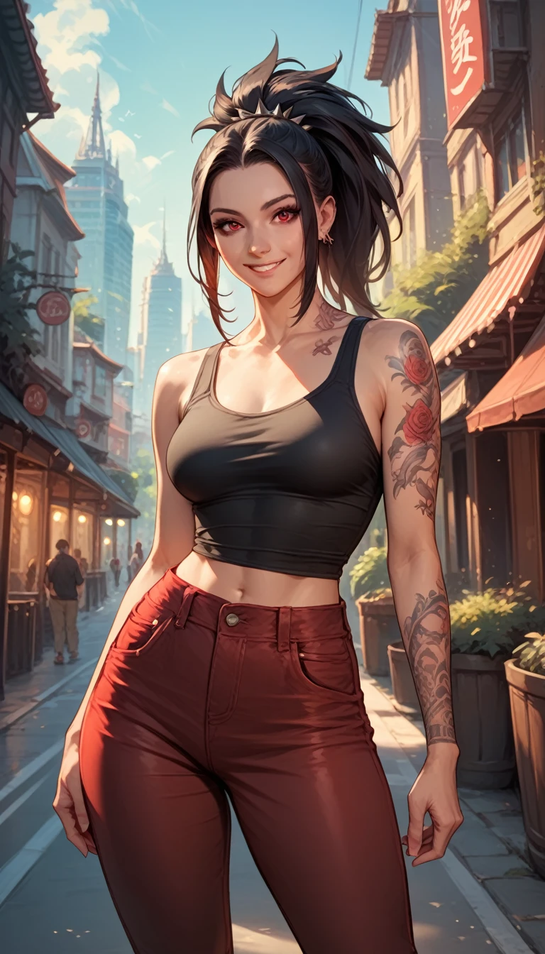 1female, black hair, spiked ponytail, red eyes, smiling, tattoos, black tanktop, red baggy pants, city background, detailed background, hands to side, standing on path,