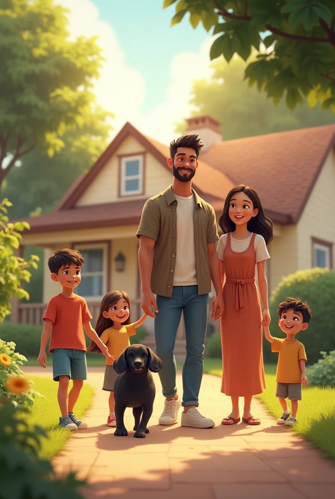 THE MAN COMES HOME WITH HIS SMALL BLACK DOG, His wife comes out to meet him., their 4 children, Two boys aged 14 and 10 and two twin girls aged 4 in animated