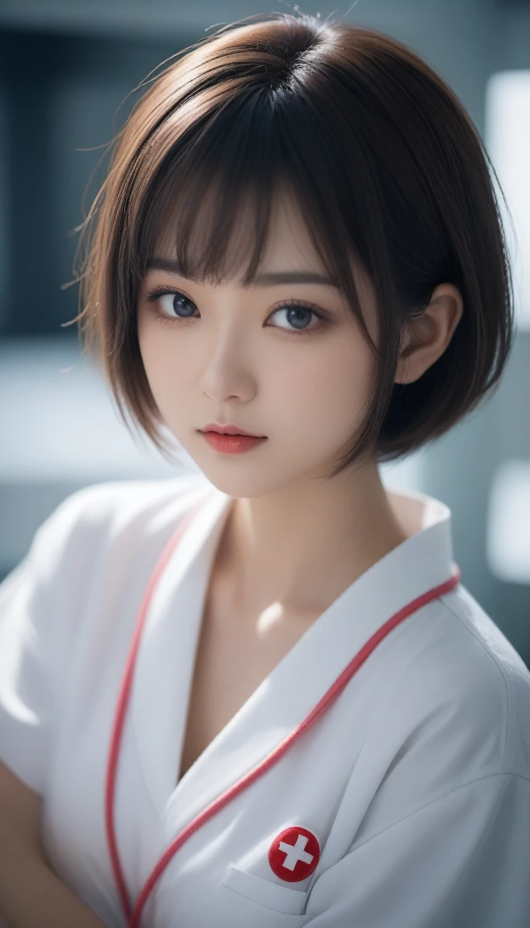 8k, Ultra-high resolution, Highest quality, masterpiece, 三分割法によるphotograph,Surreal, photograph, 1 , (:1.3), cute, cute顔, No makeup、細部までBeautiful Eyes, 細かくdetailedに,masterpiece,One Girl:1.2,Japanese women,Upper Body,Brown short hair,Bowl Cut,Disheveled Hair、Messy Hair、身分証明書のphotograph,((Humanoid Android)),(Nurse uniform of the future:1.3),cyber punk,Peculiar,Medical Treatment Room,red,(Beautiful attention to detail),微妙なdetailed, detailedな顔,anger,Attractive eyes,(ポートレートphotograph:1.4),(Photorealistic images:1.4),Fantasy art,(Beautiful Face:1.4),美しくAttractive eyes、Beautiful Eyes,Silver residue,(Tight waist:1.4)、(Beautiful with perfect body proportions:1.4),Pink Lips,profile,(((Ideal body type))),Small breasts :2,、Portraiture:2、Perfect Anatomy、鮮明なdetailed、detailed,Fashion magazine cover,Thin lips,完璧でBeautiful Face ,完璧でcute顔, Skin with attention to detail, Perfect limbs、Tight waist,Surreal,Light and shadow,Spotlight