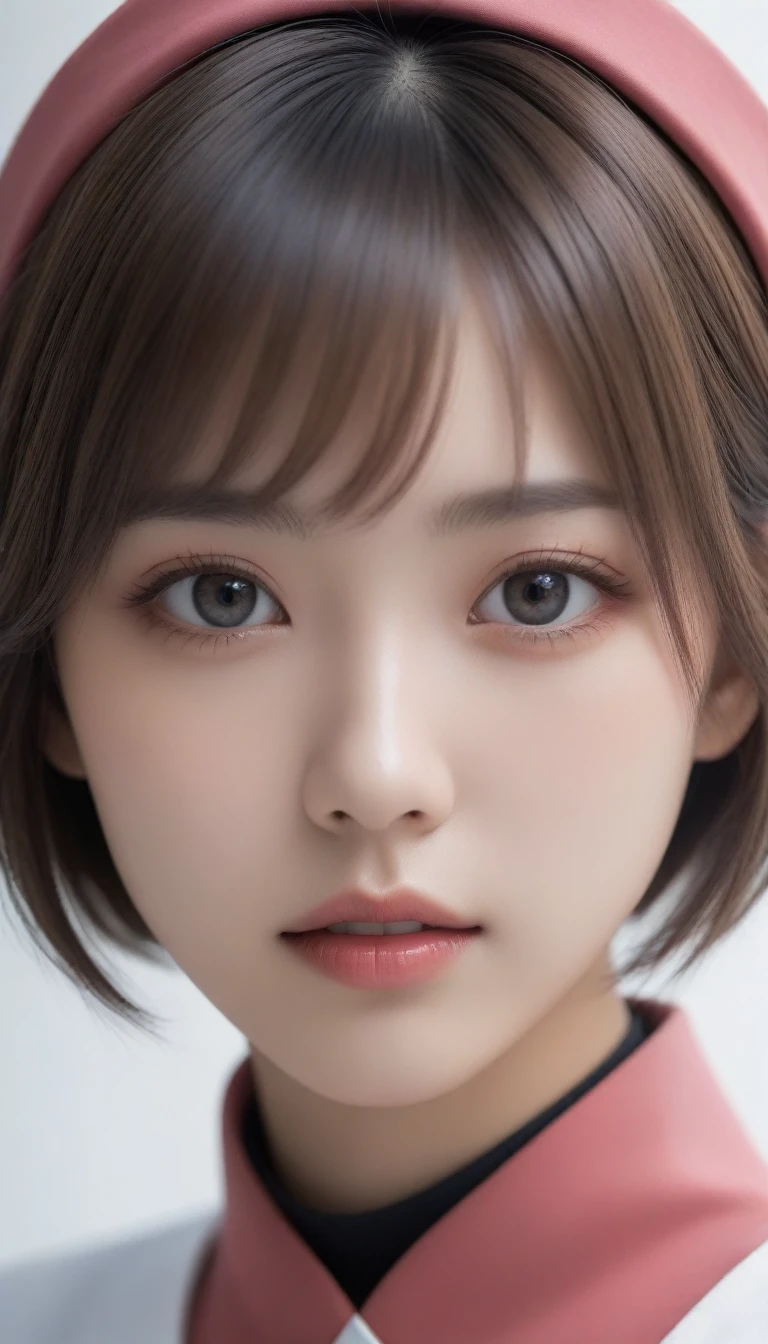8k, Ultra-high resolution, Highest quality, masterpiece, 三分割法によるphotograph,Surreal, photograph, 1 , (:1.3), cute, cute顔, No makeup、細部までBeautiful Eyes, 細かくdetailedに,masterpiece,One Girl:1.2,Japanese women,Upper Body,Brown short hair,Bowl Cut,Disheveled Hair、Messy Hair、身分証明書のphotograph,((Humanoid Android)),(Nurse uniform of the future:1.3),cyber punk,Peculiar,Medical Treatment Room,red,(Beautiful attention to detail),微妙なdetailed, detailedな顔,anger,Attractive eyes,(ポートレートphotograph:1.4),(Photorealistic images:1.4),Fantasy art,(Beautiful Face:1.4),美しくAttractive eyes、Beautiful Eyes,Silver residue,(Tight waist:1.4)、(Beautiful with perfect body proportions:1.4),Pink Lips,profile,(((Ideal body type))),Small breasts :2,、Portraiture:2、Perfect Anatomy、鮮明なdetailed、detailed,Fashion magazine cover,Thin lips,完璧でBeautiful Face ,完璧でcute顔, Skin with attention to detail, Perfect limbs、Tight waist,Surreal,Light and shadow,Spotlight
