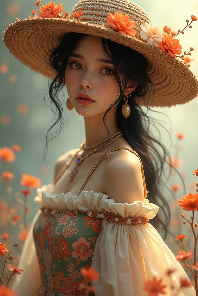 a woman wearing a hat and a dress with a floral pattern, concept art inspired by Edo Murtić, tumblr, baroque, bohemian fashion, boho style, bohemian style, hippie fashion, boho chic!!, boho chic | | very anime!!!, boho chic, boho - chic, hippie chic, fantasy outfit, intriguing outfit, intricate outfit, lovely bohemian princess, beautiful clothes