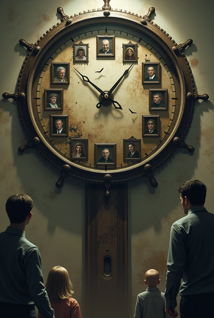 Generate an image showing a large wall clock, with its gears visibly exposed and showing a threatening aspect, as if it were a predatory beast. instead of numbers, the clock face should have framed portraits of past generations, each aged and partially consumed, suggesting that time has "devoured" these generations. In the background of the portraits, a family may be present, in poses that convey the feeling of loss and the passage of time, with melancholic or reflective expressions. A imagem, Thus, conveys the idea that time, symbolized by the clock, is a relentless force that consumes generations of a family.