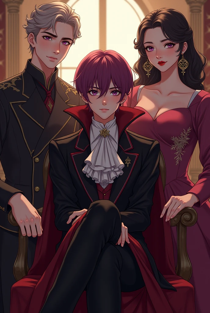 bel homme. Cheveux violets rougeâtres courts qui cachent le front. Yeux en amande de couleur lilas. long cils. Sourcils noirs. animé. Vêtements riches en noir et rouge. expression neutre. cravate. Assis jambes croisées dans un palais royal. prince. adolescent. Au milieu d'un roi et d'une reine qui sont ses parents. Peau lisse. Liner rouge.