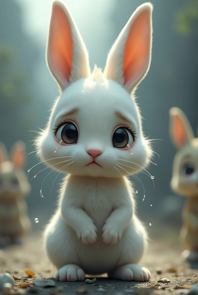 LIGHT LEAD COLORED BUNNY CRYING WITH HIS FRIENDS WALKING AWAY AND TURNING THEIR BACK ON HIM, THEY DON'T WANT TO PLAY WITH HIM ANYMORE