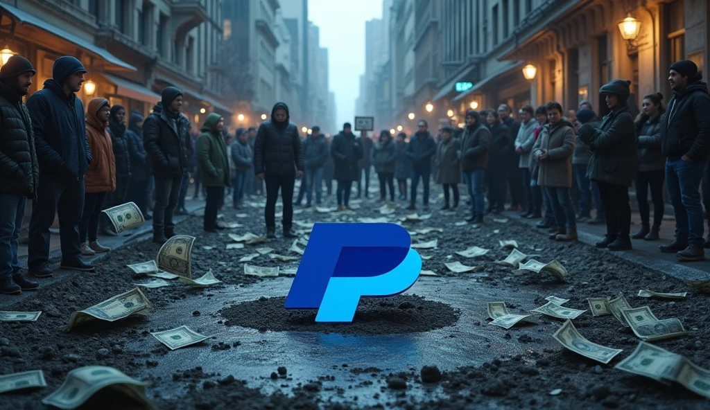 3D PayPal logo embedded in the ground of a devastated city at night with a crowd of people protesting around money flying around, corruption