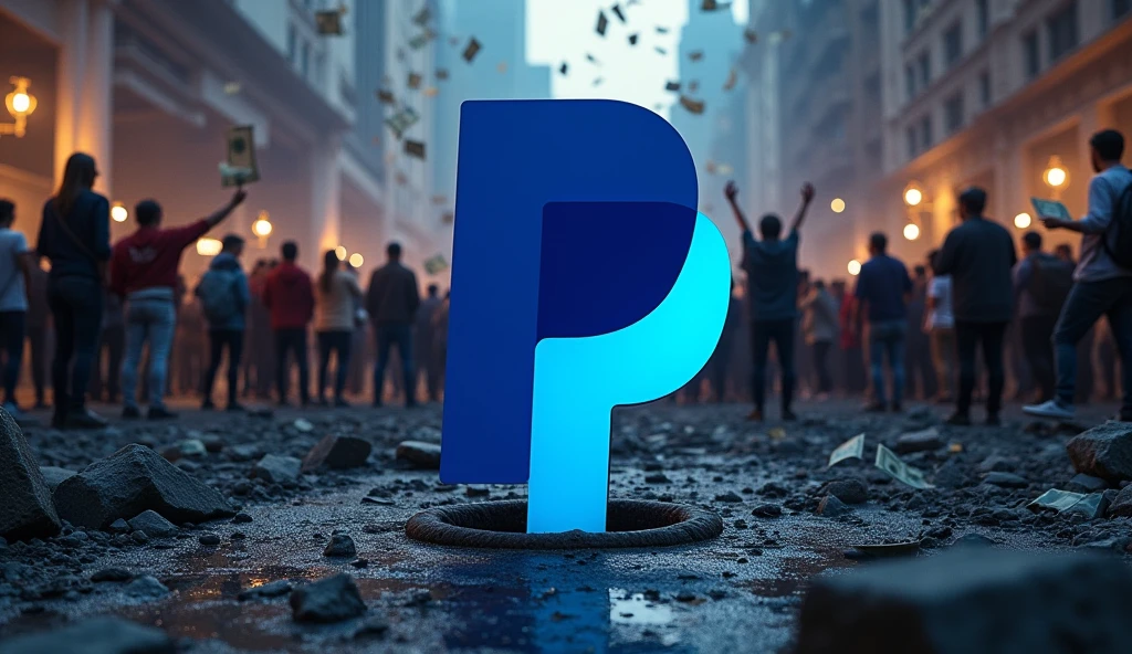 3D PayPal logo embedded in the ground of a devastated city at night with a crowd of people protesting around money flying around, corruption