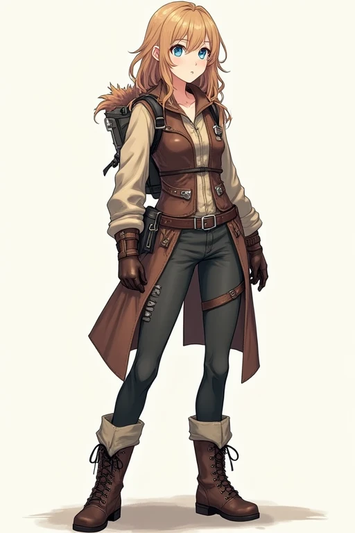 Anime girl 1 girl, blue eyes Freya wears a functional and stylish adventurer's outfit, designed to provide freedom of movement and protection. She wears a tight-fitting, dark brown leather blouse with steel detailing on the seams and shoulders to offer some protection against light attacks. Over her blouse, she wears a reinforced leather vest, which has small metal plates embedded for greater protection on her chest and upper back. The lower part consists of strong, flexible dark gray fabric pants that fit comfortably around the legs, allowing for agility in combat and exploration. Freya's boots are made of durable leather, designed to withstand long walks and varied terrain. They have non-slip soles and reinforcement in impact areas, such as ankles and heels. To complete the look, Freya wears a belt with several pouches to carry small items and a lightweight travel cover, which can be removed when necessary. Full body 