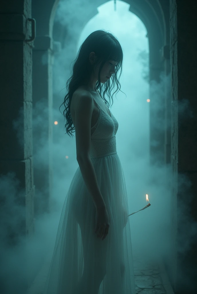 (Female ghost:1.7)、(((In the fog)))、((The body is blurred))、young woman、(Beauty)、Japanese、cute、1、((sexy))、(My body is transparent)、Background gloomy tomb、(((露出の多いsexyなドレス)))、soul、cigarette、Balls of light fly all around、(best quality,4K,8k,highres,masterpiece:1.2),ultra-detailed,(realistic,photorealistic,photo-realistic:1.37),HDR,uhd,studio lighting,ultra-fine painting,sharp focus,physically-based rendering,extreme detail description,professional,vivid colors,bokeh,cinematic lighting,dramatic shadow,