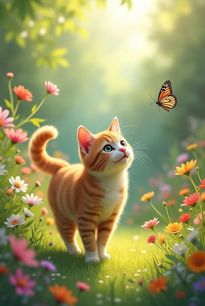 In a beautiful garden there is a cute animal cat who is saying almost got a butterfly flying