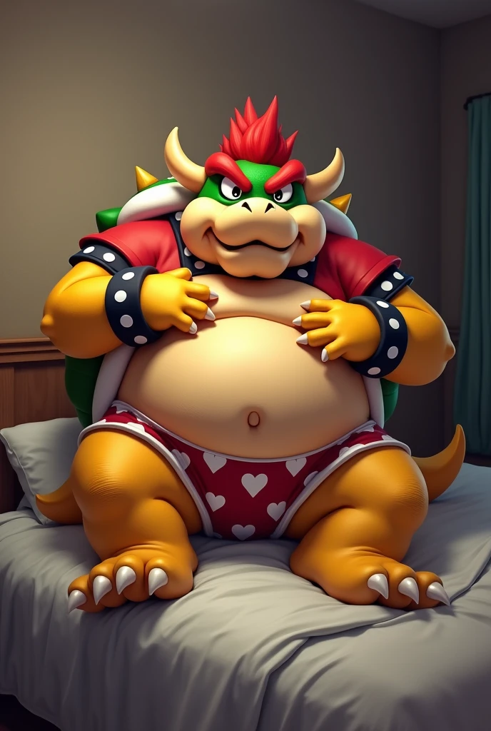 Bowser from Super Mario, Extremely obese, chubby, embarrassed, huge round belly, big moobs, heart underpants, red tight short sleeves t-shirt, laying on a bed, one hand on the belly