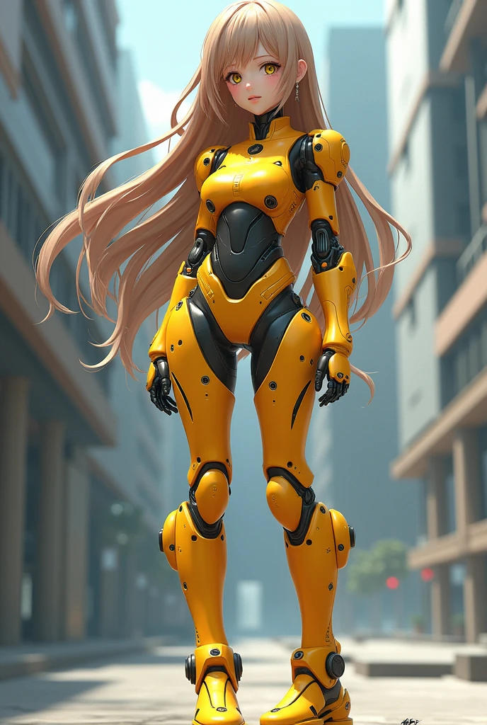 Draw an anime girl with long light brown hair, yellow android type, with robotic yellow body, that his legs are made of carbide and bone, with yellow robotic high boots