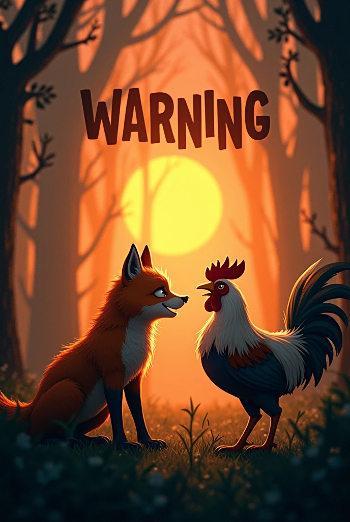 A forest scene with dark tones, at sunset. At the center, an orange fox with a mischievous smile is in an attacking position, staring at a rooster. The rooster is facing the fox, with one eye closed and the other open, showing an expression of distrust. The fox is crouching, ready to jump, while the rooster is alert. Above them, the text &#39;Be careful who you call your friend!&#39; in a large, bold font, with colors that contrast with the scenery to stand out