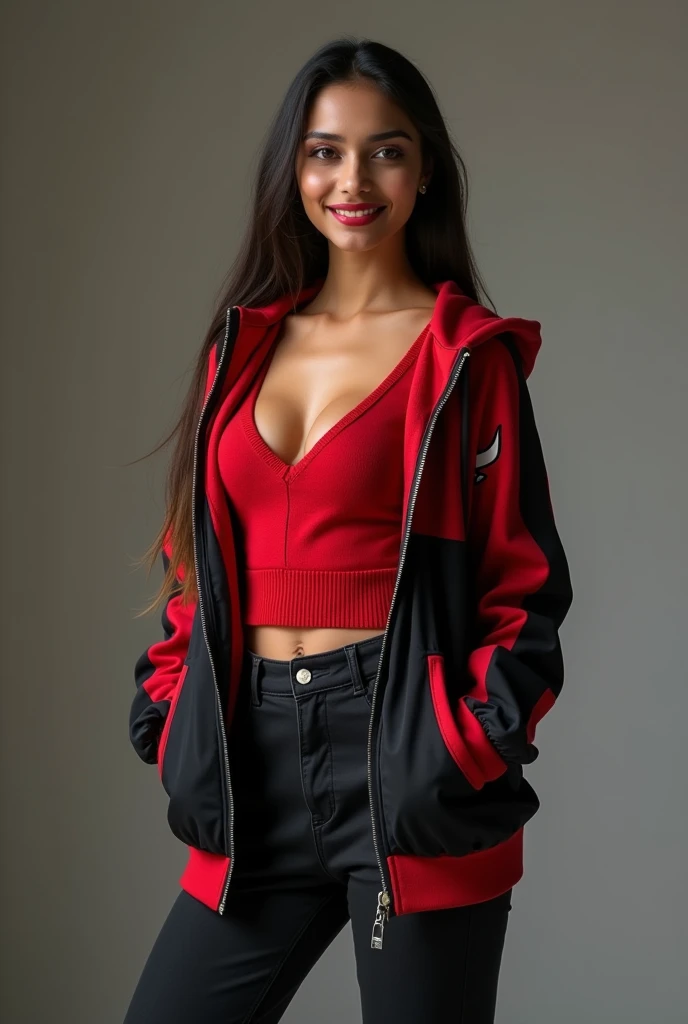 craft a hyper realistic full body length hourglass photo of north Indian beautiful face woman in her age 33, 38B cup breasts, Red Black V neck Sweater and Black jeans slim fit ]] [[Razor cut hair cut, full body pose, highly detailed, wearing Chicago Bulls Jordan hoodie jacket and tracks, cute smile, colorized, smooth, charming, pretty big sexy smile, red lipstick, soft lips, supple skin, attractive appearance, full body length photo with shoes.
