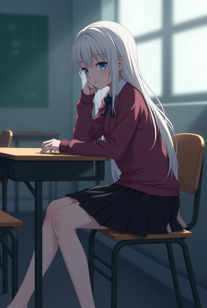 a teenage girl, light blue eyes,long white hair,burgundy sweater,black skirt,sitting alone at the desk in the corner of a classroom,looking to the side,anime/manga