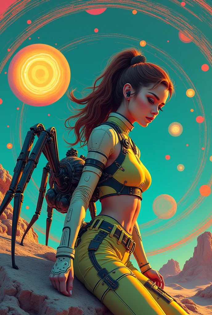 ((pay attention to the plan:1.5, plano general, whole body:1.5)), 1 beautiful woman in technical clothing, mechanical spider, circles, Fractals,(black outline art) By Yoshitaka Amano,Travis Charest. colors, land, cian, yellow, green. magenta, violet, cian, High Definition, hyper sharpness image,(Best Quality:1.3, 32K,High Definition:1.3, 4x ,ultra sharp, High resolution, professional) ,cinematographic, Fisheye photography:1.6,