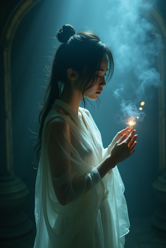 (Female ghost:1.6)、(((In the fog)))、((The body is blurred))、young woman、(Beauty)、Japanese、cute、1、((sexy))、(My body is transparent)、Background gloomy tomb、(((露出の多いsexyなドレス)))、soul、cigarette、Balls of light fly all around、(best quality,4K,8k,highres,masterpiece:1.2),ultra-detailed,(realistic,photorealistic,photo-realistic:1.37),HDR,uhd,studio lighting,ultra-fine painting,sharp focus,physically-based rendering,extreme detail description,professional,vivid colors,bokeh,cinematic lighting,dramatic shadow,