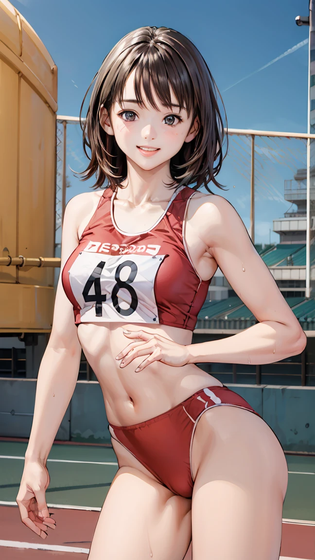  (Three Girls)、(Athletics Stadium、truck),、smile、The men are laughing、、Short Hair、They hesitate,、Wet Hair,  Underarm, Mid-chest, Realistic butt crack , (High color saturation:1.0),  (Very detailed肌), (Highest quality:1.0), (Ultra-high resolution:1.0) ,(Realistic:1.0), (Very detailed:1.0), (8k, RAW Photos:1.1)、Center of chest、Spread your legs、Yoshizuki Iori、Running、(White Athletics Uniform、English bib number)、(Front view)