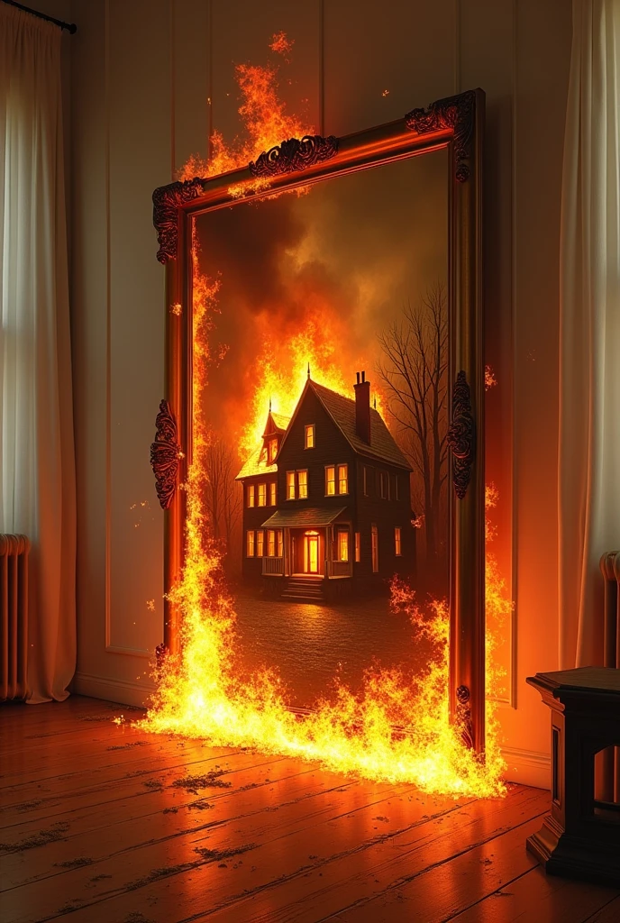 A wall of a room with a beautiful white curtain on it, and on the wall hangs a large picture with a brown frame, in the picture you see a burning house, and the fire comes out of the picture, and burns the picture frame, and the fire comes out of the picture frame into the room.