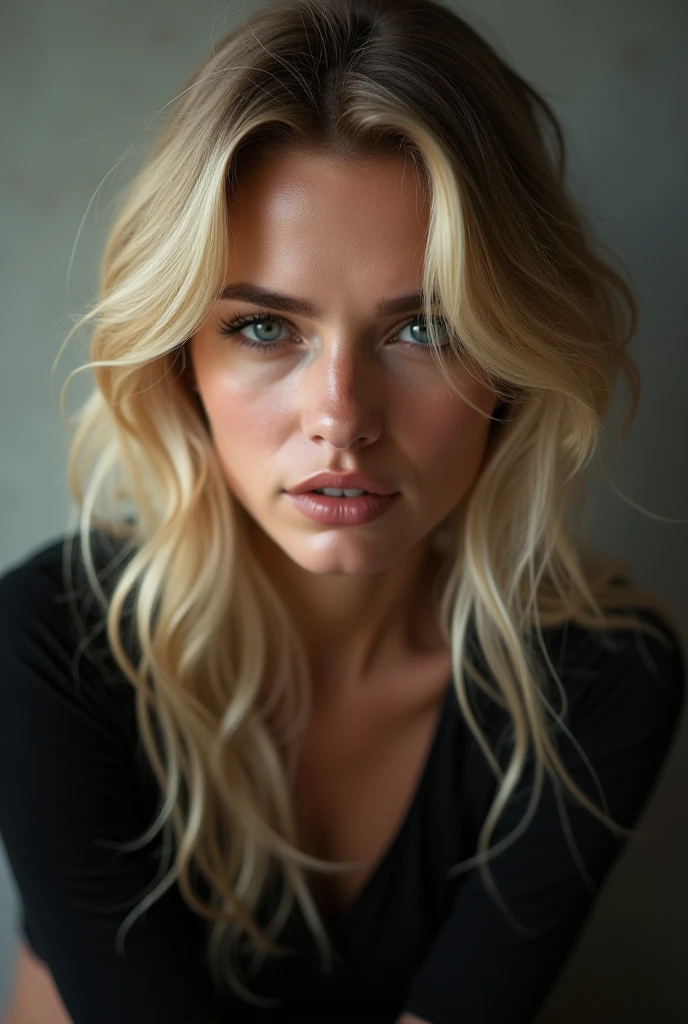 Blonde woman wearing a blue sleeve and short jeans, full lips, ultra detailed, hyperdetailed, hyperréalisme, ulra body realistic, fully detailed, ultra high, ultra quality, RTX, VFX, HDR, Cinematic lighting, cinematic rendering, Realistic rendering, UHD, DSLR, 32K