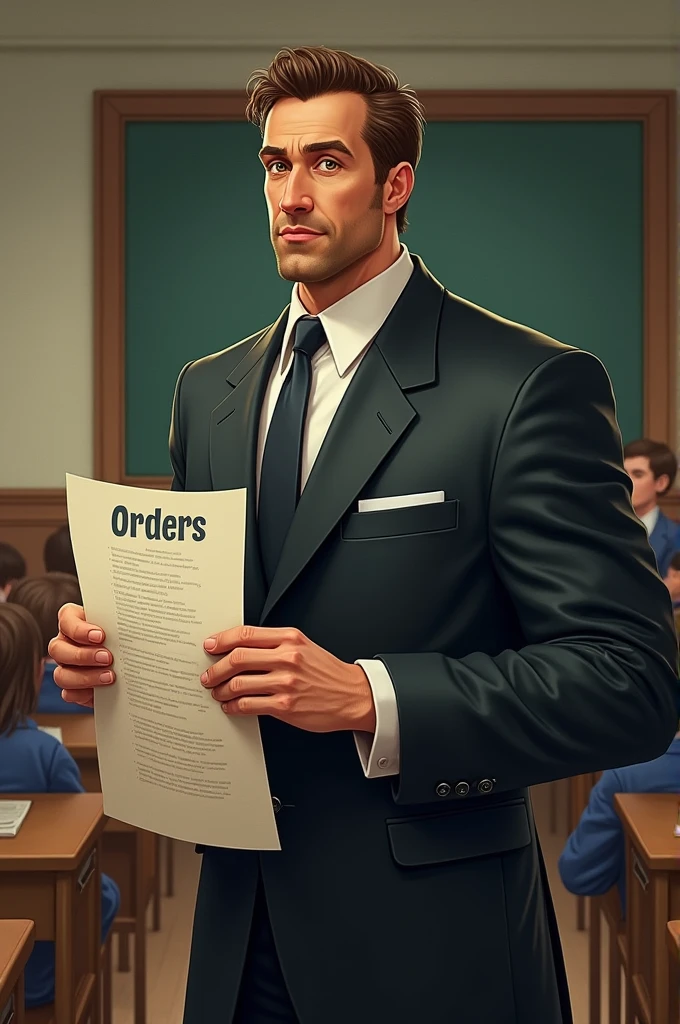 1. *Orders*: A tall and authoritative character, dressed in a formal suit, holding a long list of rules. You could represent it with a determined expression and a background that shows an orderly environment., like a classroom or a library.